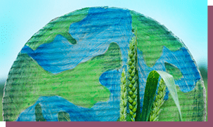 Teen girl holding planet and green spikelets of wheat in hands against green spring background. Earth day holiday concept. Protection and love of earth