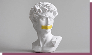 Michelangelo's David head bust in duct tape sealed mouth. Minimal concept on gray background censorship of freedom of speech and restrictions of thought and word. Fight for your rights.