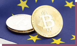 Bitcoin cryptocurrency coins on national flag of European Union. Crypto law regulation concept