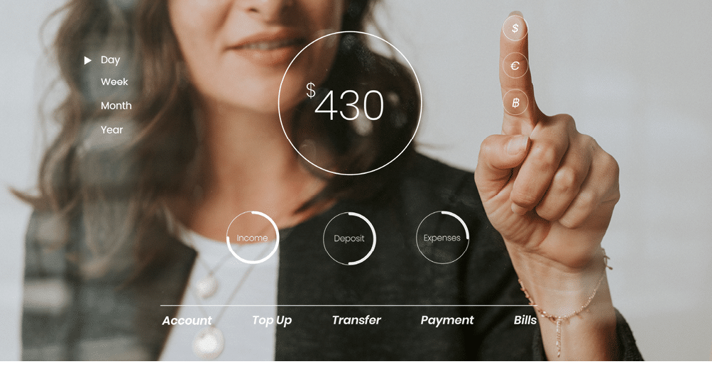 Woman pressing her finger to a screen mockup