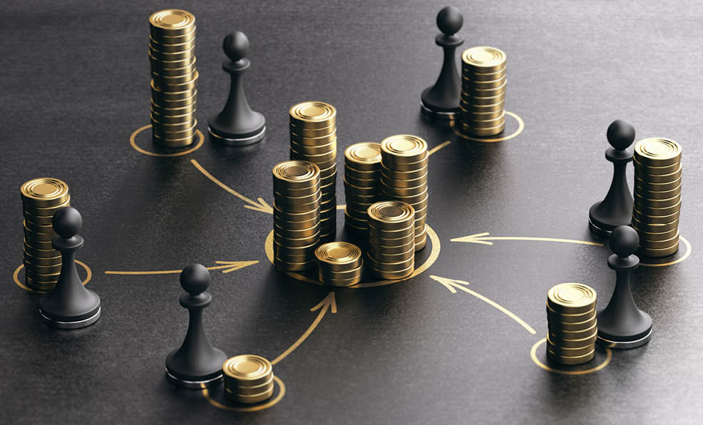 Concept of Funding, Financing Business Project. 3D illustration of generic golden coins and pawns over black background.