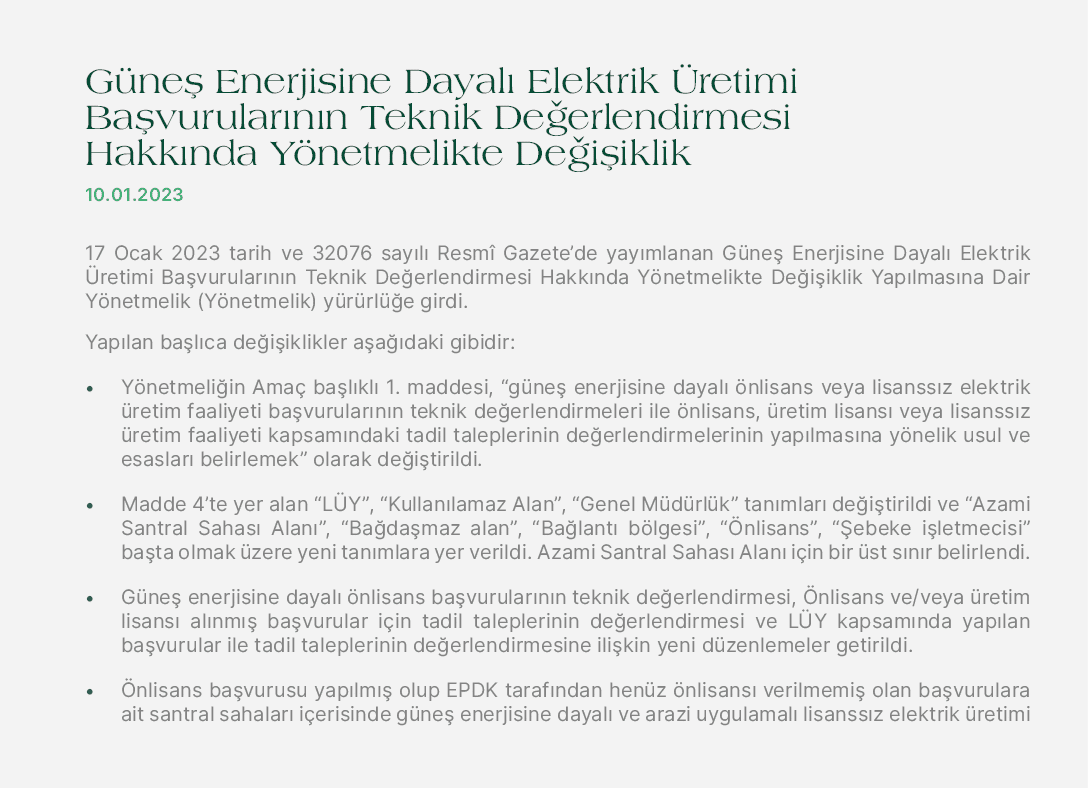 G ne Enerjisine Dayal  Elektrik  retimi Ba vurular n n Teknik De erlendirmesi Hakk nda Y netmelikte De i iklik 10.01...