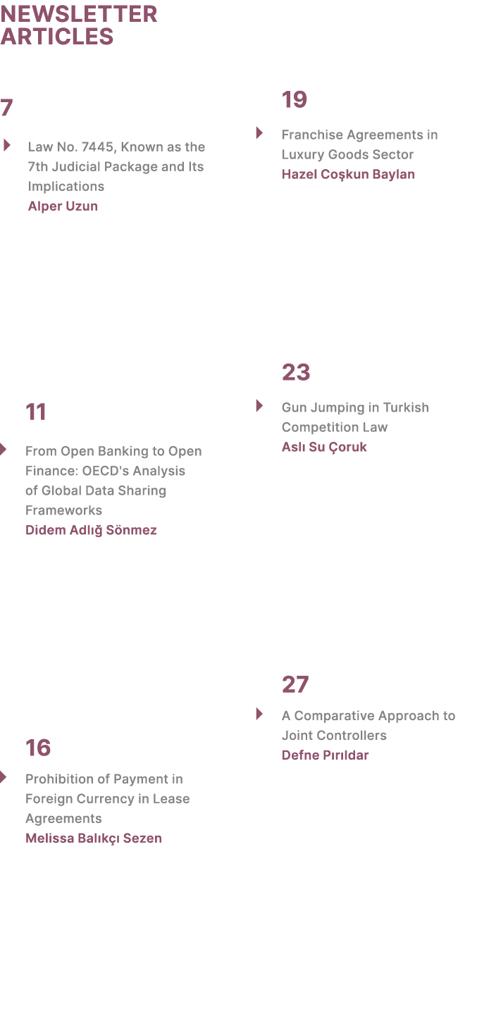 NEWSLETTER ARTICLES 7 � Law No. 7445, Known as the 7th Judicial Package and Its Implications Alper Uzun 11 � From Ope...