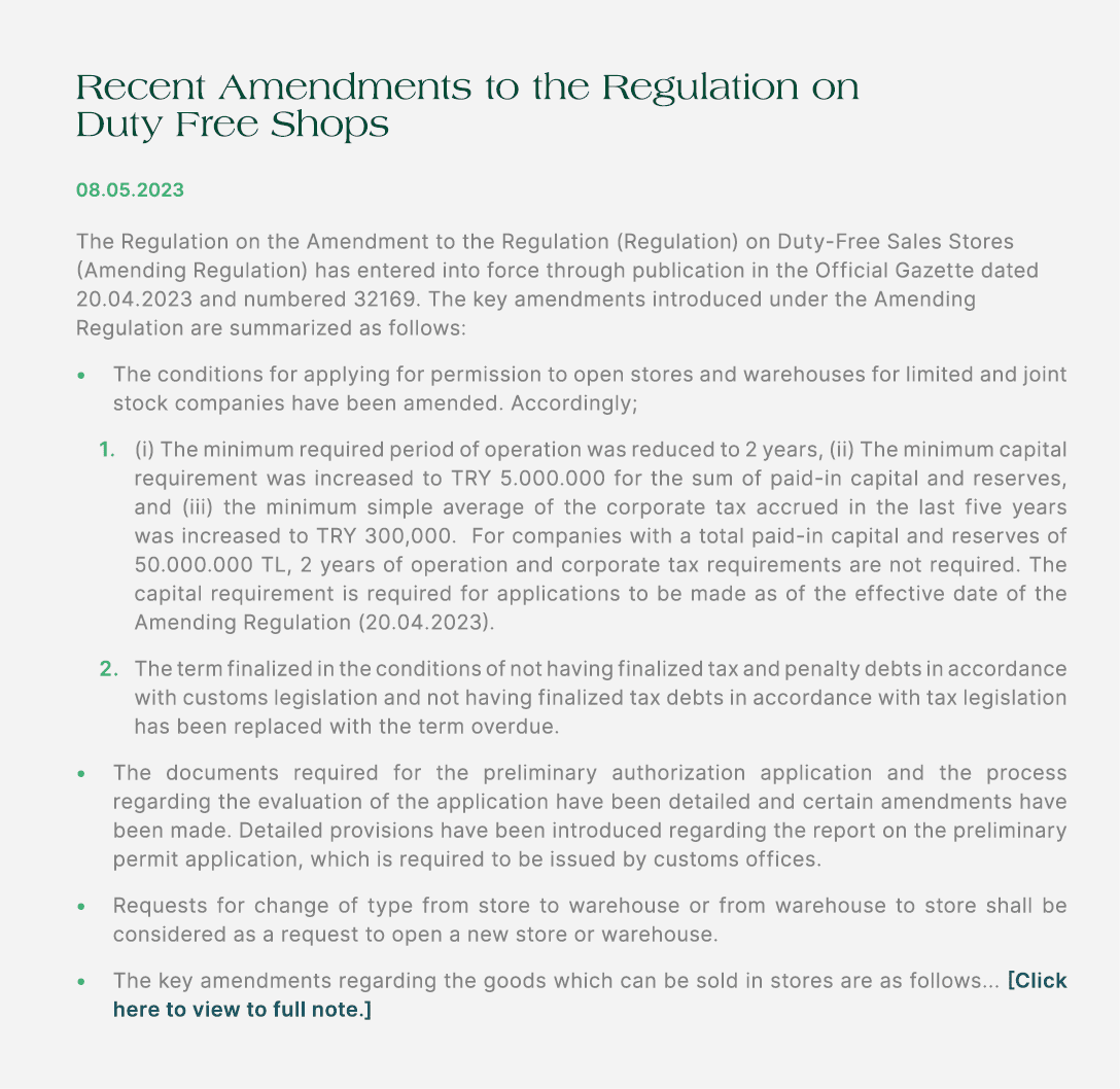 Recent Amendments to the Regulation on Duty Free Shops 08.05.2023 The Regulation on the Amendment to the Regulation (...