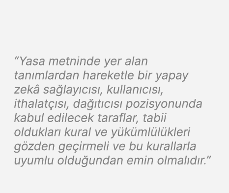 “Yasa metninde yer alan tan mlardan hareketle bir yapay zek sa lay c s , kullan c s , ithalat  s , da  t c s  pozisy...