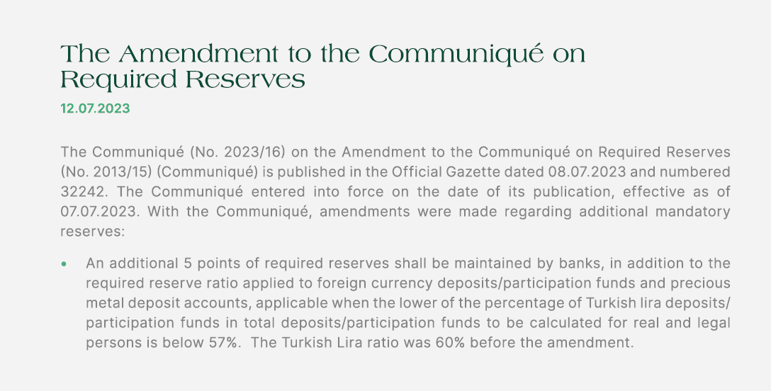 The Amendment to the Communiqu on Required Reserves 12.07.2023 The Communiqu  (No. 2023/16) on the Amendment to the ...