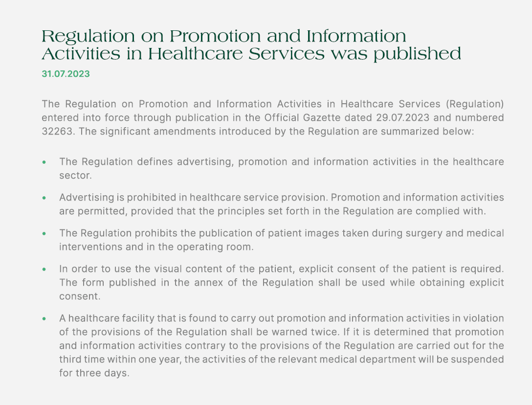 Regulation on Promotion and Information Activities in Healthcare Services was published 31.07.2023 The Regulation on ...